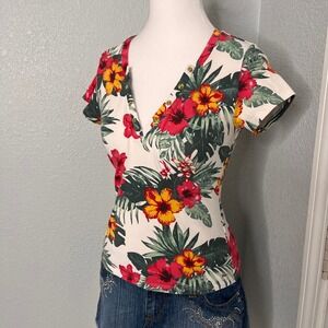 Guess Y2k Floral Print Top V-Neck Button Up Short Sleeve Casual‎ Shirt